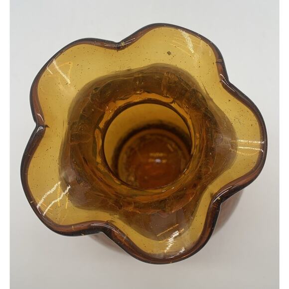Vintage Pilgrim Amber Crackle Glass Ruffle Top Applied Rigaree 9” Vase - Picture 3 of 6